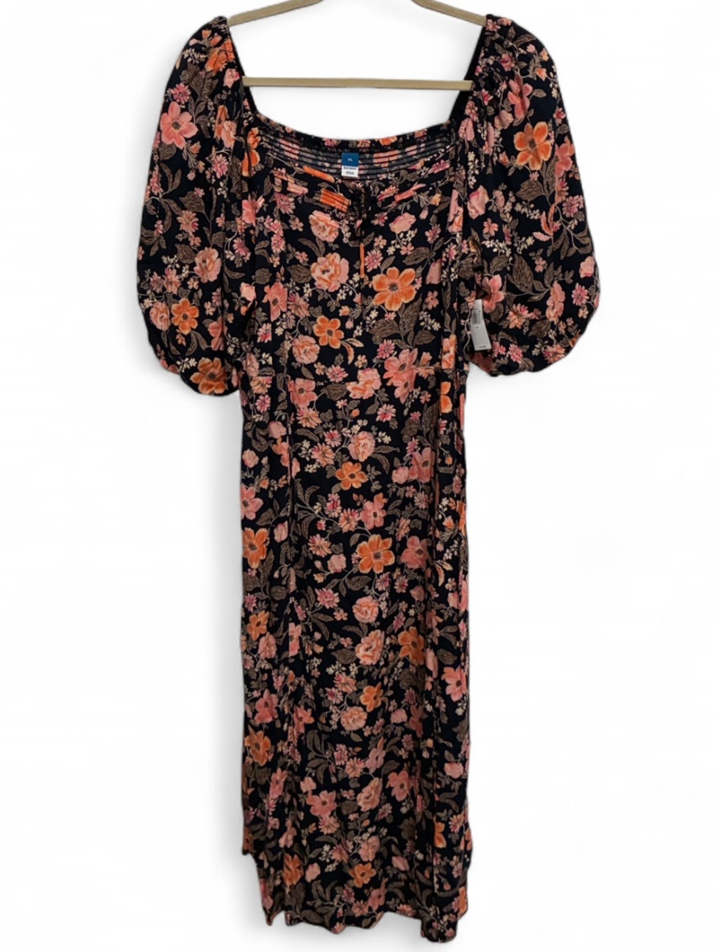 NWT Old Navy Dark Blue Puff Sleeves Midi Dress with Coral and Pink Floral Print
